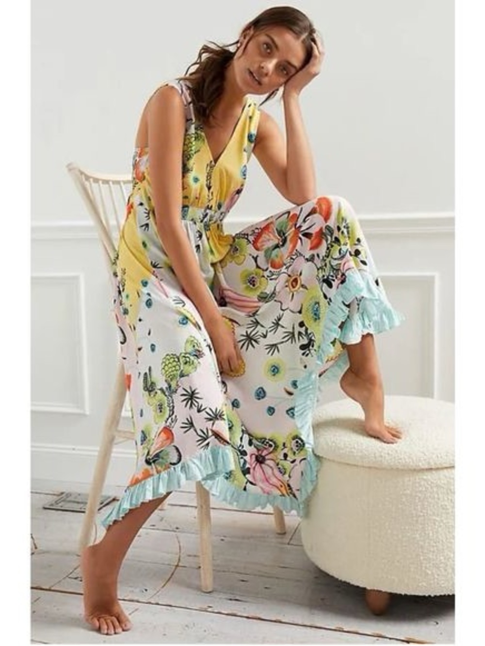 Floral Ruffle-Hem Maxi Dress in Yellow